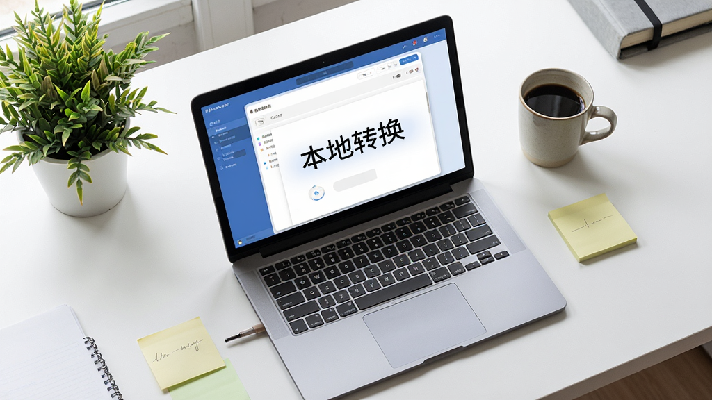 一张表现九雷文档转换器本地离线运行特点的场景图,主体为一台笔记本电脑放置在办公桌上,屏幕显示软件界面与“本地转换”字样,布局采用俯视角度,风格为写实办公摄影风,细节包含桌面绿植、咖啡杯、便签纸,画质高清,干净无多余元素。