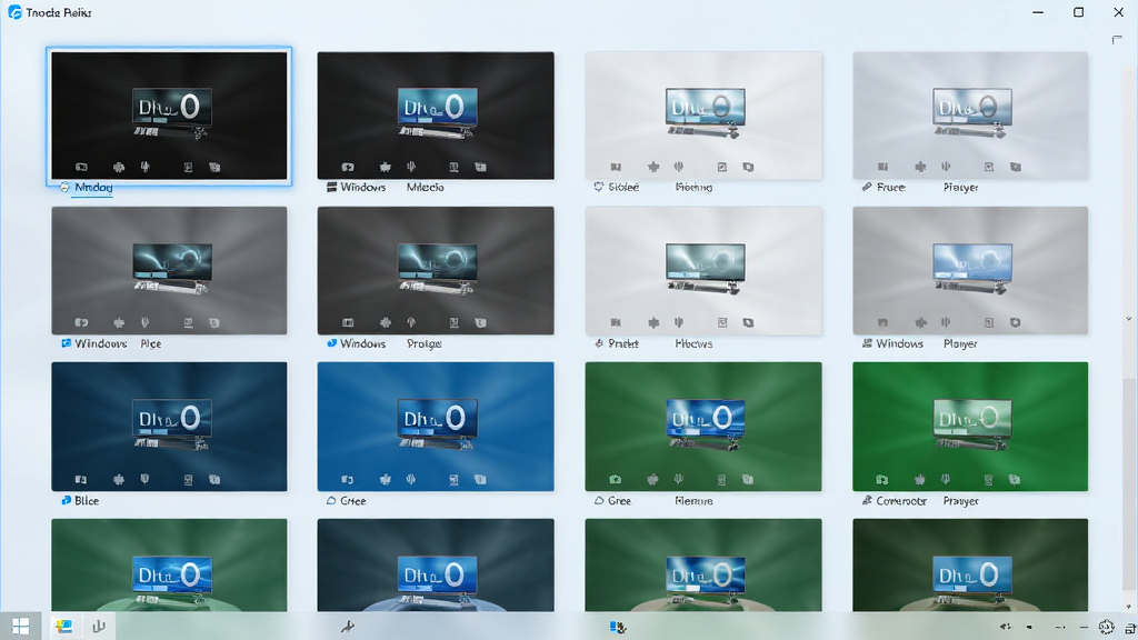 Windows Media Player 控制器主题切换界面,主体为主题选择面板,布局为网格排列的主题预览图,排版规整,风格为清新浅色,细节上显示深色、浅色、蓝色、绿色等多套主题缩略图,画质高清,干净,无多余元素