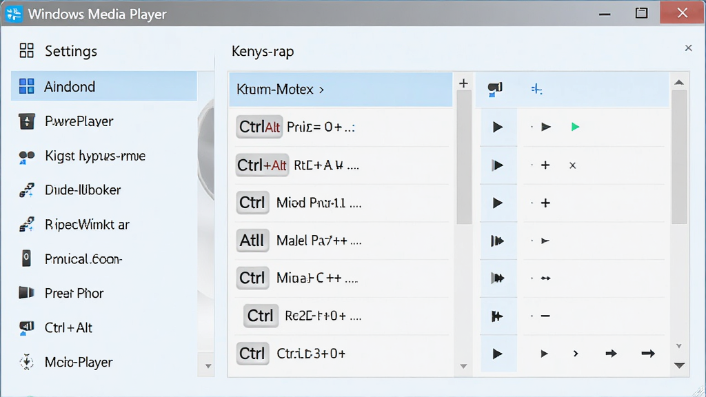 Windows Media Player 控制器快捷键设置界面,主体为设置面板,布局为左侧功能列表右侧按键映射区域,排版整齐,风格为清爽浅色,细节上显示Ctrl+Alt组合键图标和对应的播放控制功能,画质高清,干净,无多余元素