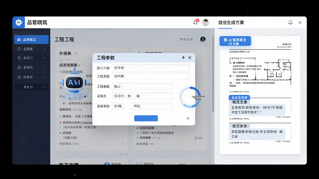 AI智能方案生成界面展示,主体为品茗晓筑软件操作界面,画面中央有输入工程参数的对话框,右侧展示自动生成的施工方案文档预览,布局采用左右分栏,排版清晰,风格为科技蓝与白色搭配的现代UI风格,细节包含AI机器人图标、进度加载动画、规范条文引用标签,画质高清,画面干净,无多余元素