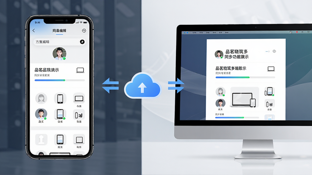 品茗晓筑多端同步功能展示,画面左侧为手机屏幕显示方案编辑界面,右侧为电脑屏幕显示同一份方案文档,中间用云朵图标和双向箭头连接,布局左右对称,风格为现代科技感与商务风结合,细节包含同步进度条、账号头像、设备图标,画质高清,画面干净,无多余元素