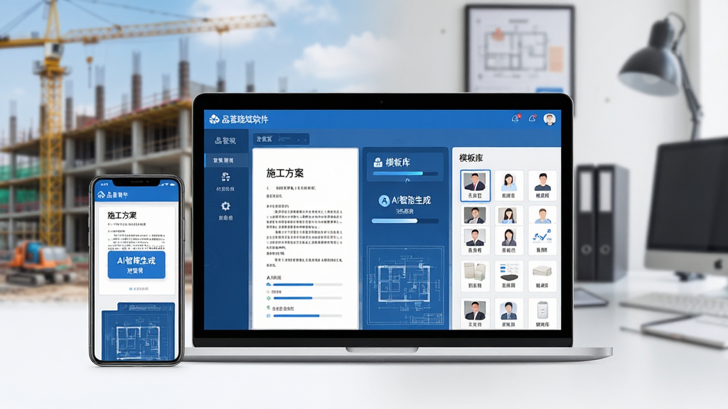 软件全貌概览图,画面中央放置一部智能手机和一台笔记本电脑,屏幕上显示品茗晓筑软件界面,界面中包含施工方案文档、AI智能生成按钮和模板库列表,背景为现代建筑工地与办公桌结合的虚化场景,整体布局左右对称,风格简洁商务科技感,细节包含蓝色主色调、工程图纸纹理、进度条图标,画质高清,画面干净,无多余元素