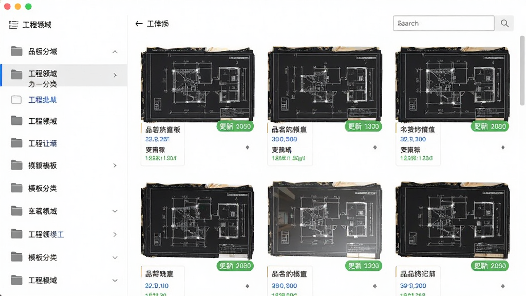 品茗晓筑模板库界面展示,画面主体为软件中的模板分类列表,左侧为工程领域导航栏,右侧为模板缩略图网格,布局采用三栏式排版,风格为清爽简约的办公软件风格,细节包含文件夹图标、搜索框、工程图纸缩略图、更新日期标签,画质高清,画面干净,无多余元素