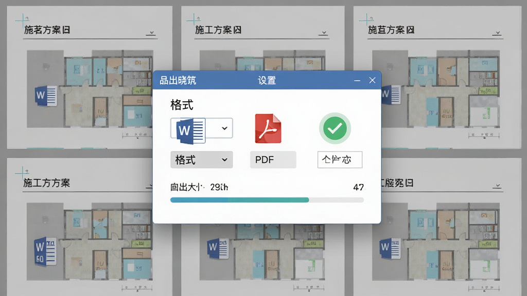 品茗晓筑一键排版导出功能展示,画面中央为软件导出设置弹窗,包含格式选择按钮和导出进度条,背景为排版整齐的施工方案文档页面,布局居中对齐,风格为扁平化办公软件风格,细节包含Word图标、PDF图标、对勾标记、文件大小显示,画质高清,画面干净,无多余元素
