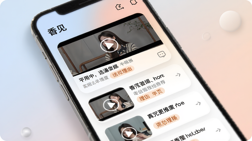 一张展示手机应用个性化推荐页面的图片,画面主体是“香见”应用的推荐流界面,包含视频卡片、标题和推荐理由标签,布局为纵向滚动列表,风格柔和圆角,细节有渐变背景和阴影效果,画质高清,干净,无多余元素