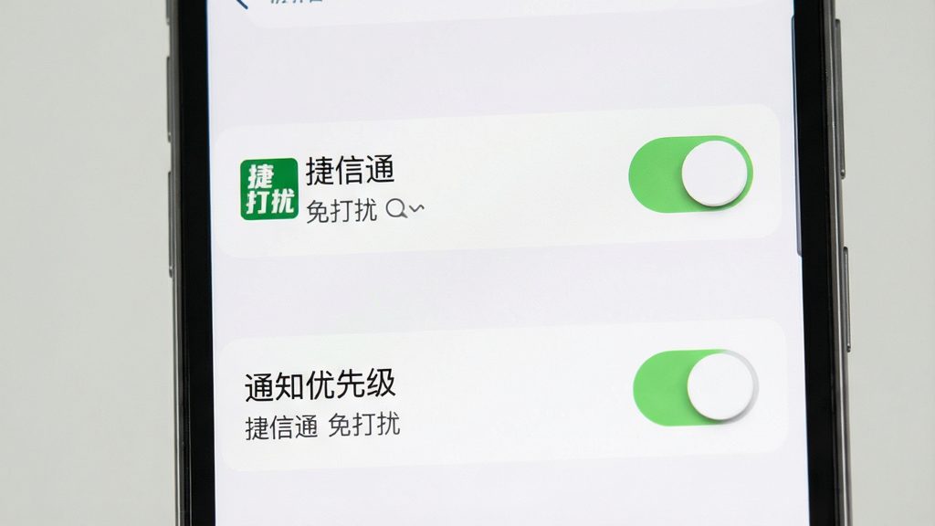 画面主体为手机通知设置界面,屏幕中显示“捷信通”免打扰开关与通知优先级选项,布局采用纵向列表排版,风格为清爽极简风,细节上开关按钮质感细腻,文字清晰,画质清晰,画面干净,无多余元素