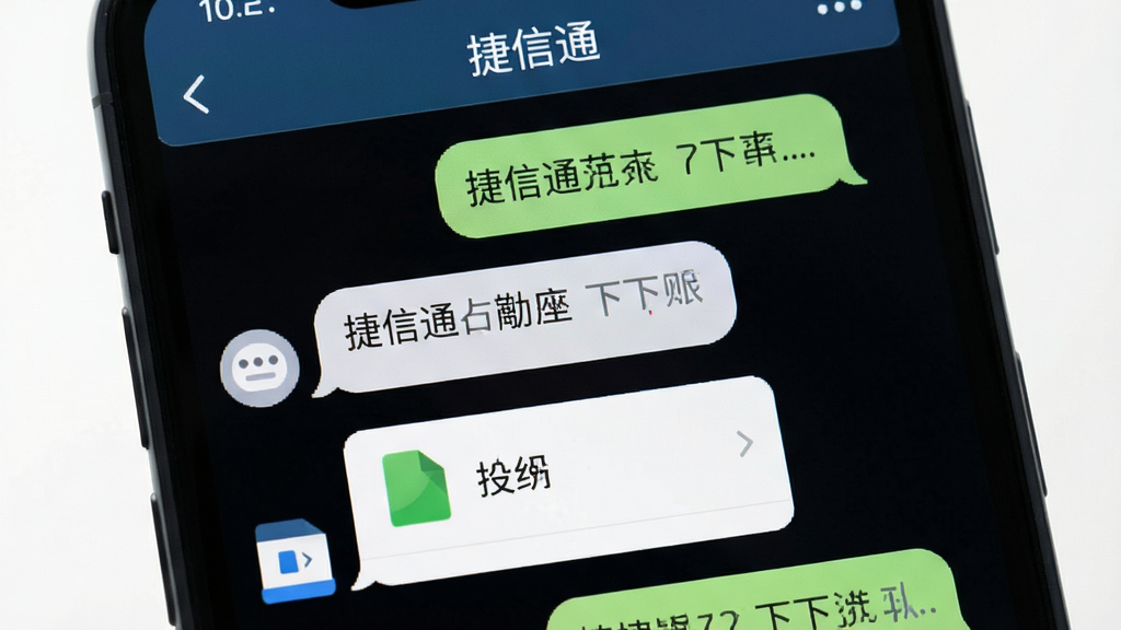 画面主体为手机聊天界面特写,屏幕中显示“捷信通”聊天窗口,包含文字气泡与文件传输卡片,布局采用竖屏居中排版,风格为扁平化轻量设计,细节上聊天气泡圆润,文件图标清晰,画质清晰,画面干净,无多余元素