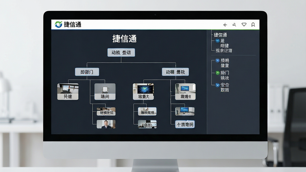 画面主体为电脑屏幕展示“捷信通”组织架构树状图,布局采用左中右三栏排版,风格为简约企业级后台风,细节上树状节点清晰,部门名称可见,画质清晰,画面干净,无多余元素