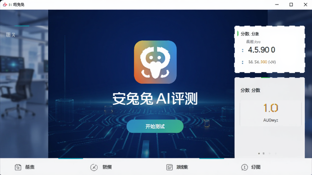 安兔兔AI评测软件主界面截图,画面中央显示安兔兔AI评测的Logo和名称,背景为深蓝色科技感渐变,界面干净整洁,包含开始测试按钮和分数展示区域,风格简洁现代,画质清晰,无多余元素