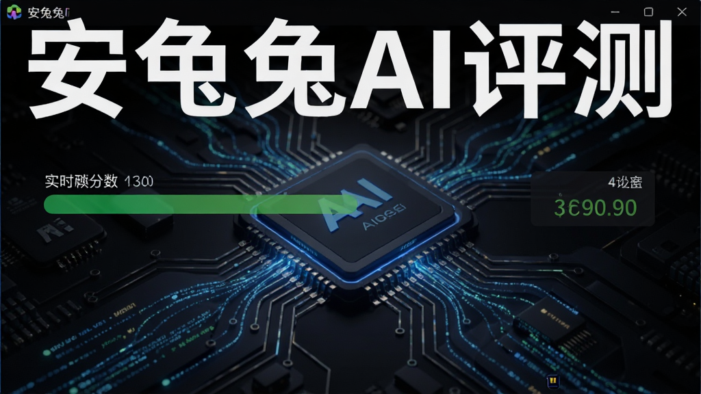 安兔兔AI评测测试进行中的界面,屏幕显示神经网络模型运行进度条和实时分数跳动,背景为暗色科技风格,突出AI芯片与数据流动的视觉元素,画面干净,画质清晰,软件名称“安兔兔AI评测”在顶部醒目显示