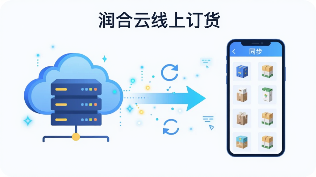 一张表现“润合云线上订货”商品库实时同步概念的插画。画面左侧是云端服务器图标,右侧是手机屏幕显示商品列表,中间用发光箭头连接。布局为左右对称,风格为现代扁平科技风,细节包括数据流动的光点和刷新图标。画质清晰,背景干净,无多余元素。