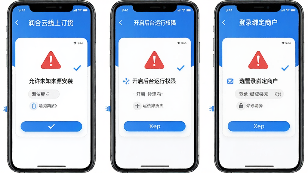 一张表现“润合云线上订货”新手安装设置流程的示意图。画面以手机屏幕截图风格展示三个步骤:允许未知来源安装、开启后台运行权限、登录绑定商户。布局为横向三格排列,风格为简洁教程风,细节包括红色警示图标和蓝色对勾图标。画质清晰,背景干净,无多余元素。