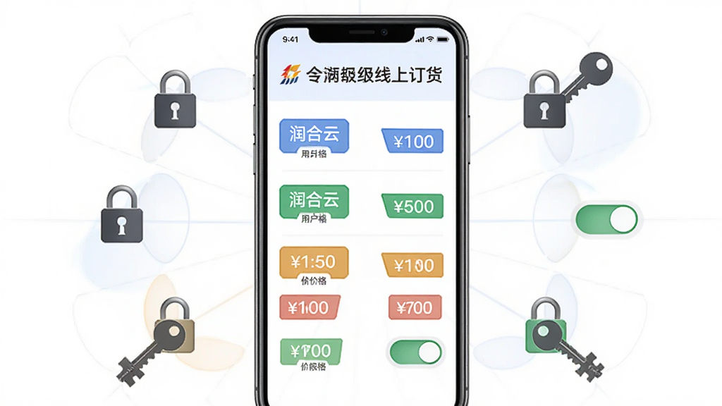 一张展示“润合云线上订货”分级价格权限的示意图。画面中央是手机屏幕,显示不同用户标签和对应价格标签,周围环绕锁形图标与钥匙图标。布局为放射状,风格为简洁商务风,细节包括不同颜色的价格标签和权限开关。画质高清,画面干净,无多余元素。
