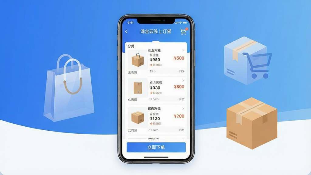 一张展示“润合云线上订货”手机应用界面的产品宣传图。画面中央是一部竖屏智能手机,屏幕上显示商品分类列表与购物车图标,背景是简洁的蓝白渐变色调。布局采用居中构图,手机两侧点缀半透明的购物袋与物流箱图标。风格为扁平化科技商务风,细节包括清晰的商品缩略图、价格标签和“立即下单”按钮。画质高清,画面干净,无多余元素。