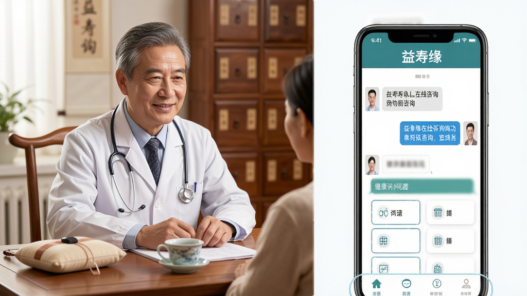 益寿缘在线咨询功能展示图,画面中心是一位中医师坐在诊桌前通过手机与患者交流,手机屏幕显示