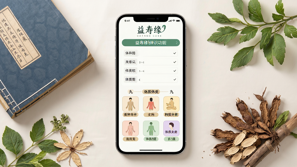 益寿缘体质辨识功能界面,画面展示一部手机屏幕显示体质测试问卷和九种体质分类图示,旁边有中医古籍和草本植物作为装饰;布局为手机居中,四周环绕中医元素;风格为清新简约中式;细节上屏幕内有