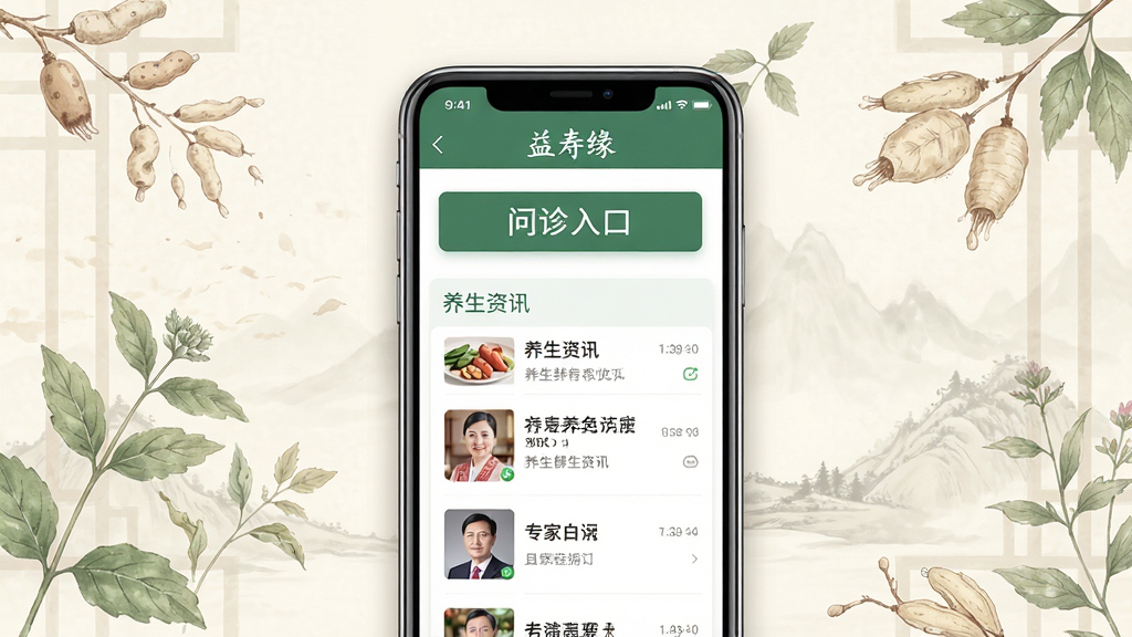 益寿缘软件主界面展示,画面中央放置一部智能手机,手机屏幕上显示中医健康咨询应用界面,包含问诊入口、养生资讯列表和专家头像;背景为淡雅的中式风格,有淡淡的草药植物图案点缀;布局简洁大方,主体突出;风格为清新写实;细节上手机边缘有柔和光影,界面文字清晰可见,包含