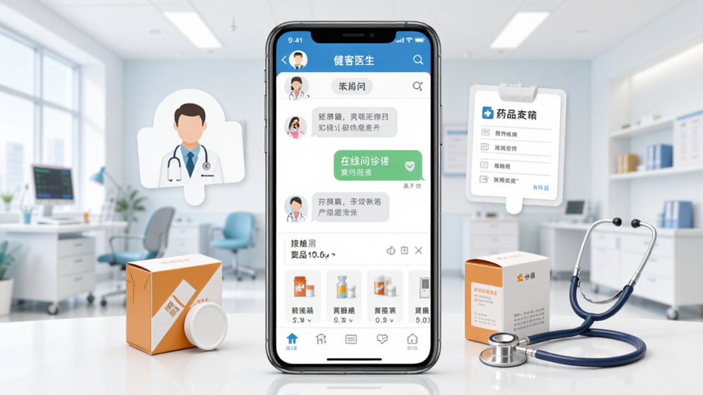 画面中央是健客医生手机应用界面,展示在线问诊聊天窗口和药品列表,背景是干净明亮的现代医疗场景,主体为手机屏幕与医疗图标组合,布局居中对称,排版清晰,风格为写实扁平化,细节包括医生头像、处方单、药盒、听诊器元素,画质高清,干净,无多余元素