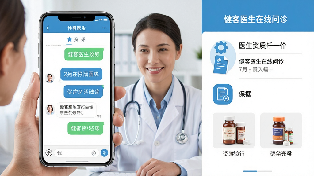 健客医生在线问诊功能界面展示,画面中一位医生正在通过手机与患者交流,主体是手机屏幕与医生形象,布局左右分栏,左侧为聊天对话,右侧为医生资质信息,风格为清新写实医疗风,细节包含对话气泡、处方图标、药品图片,画质高清,干净,无多余元素