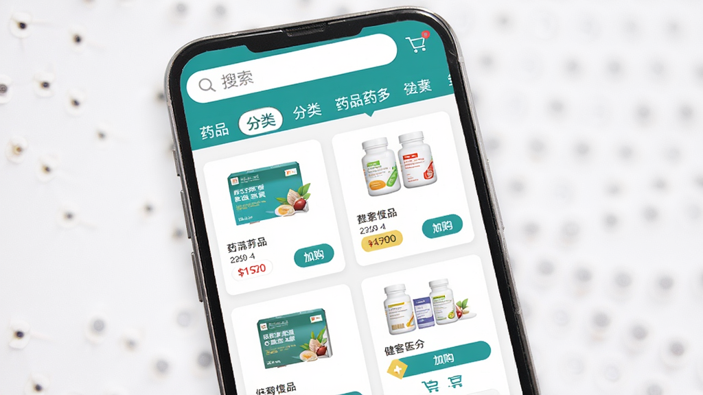 健客医生药品购买页面展示,画面主体为手机屏幕显示药品分类列表和购物车界面,布局上下结构,上方为搜索栏和分类标签,下方为药品卡片,风格为简约电商风,细节包含药盒、价格标签、加购按钮,画质高清,干净,无多余元素