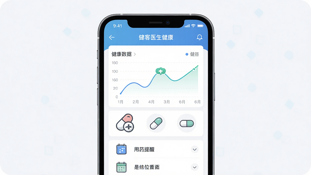 健客医生健康管理功能界面,画面展示手机屏幕上的健康数据图表和用药提醒列表,主体为手机与健康数据可视化元素,布局居中,排版整齐,风格为现代简约健康风,细节包含折线图、药丸图标、日历标记,画质高清,干净,无多余元素