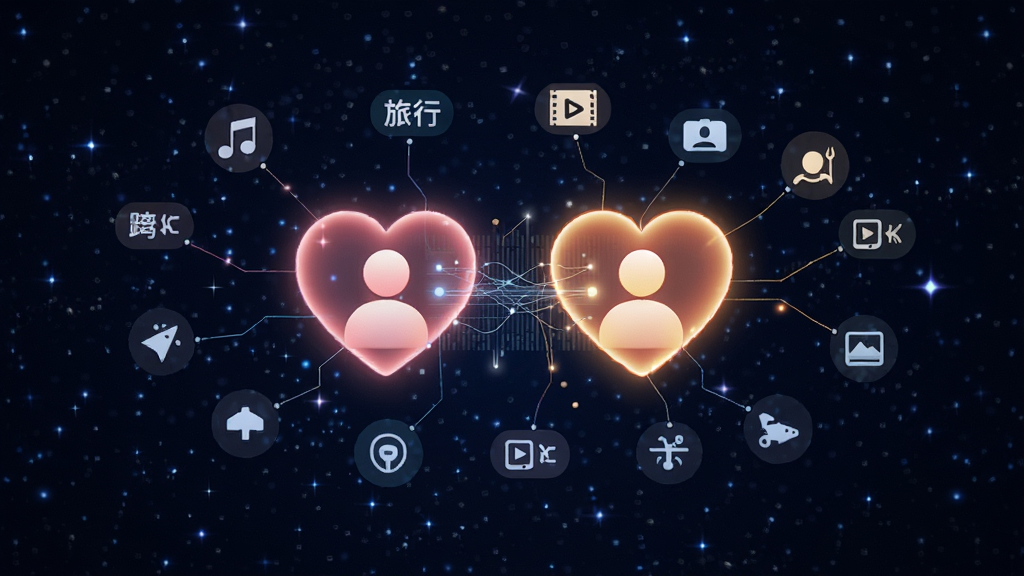 画面中央是两颗相互靠近的发光心形图标,分别代表两位用户,中间有细腻的数据线条连接,周围环绕兴趣标签如音乐、旅行、电影等小图标,背景为深蓝色星空,风格科技感与温情并存,画质高清,干净无多余元素,图片中不要出现文字