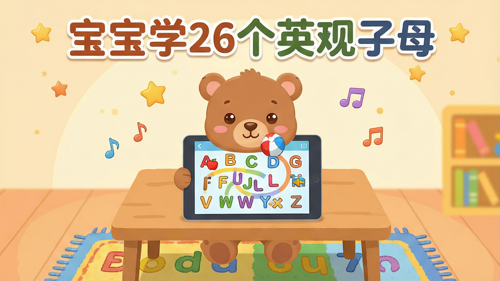 宝宝学26个英文字母软件主界面预览图,画面中央展示一个明亮温馨的儿童学习场景,主体是一只可爱的卡通小熊坐在书桌前,桌上摆放着平板电脑,屏幕上清晰显示26个彩色英文字母排列成弧形,每个字母配有对应的卡通图案如A旁边是苹果B旁边是球,布局采用中心聚焦式,排版整洁有序,风格为扁平化卡通插画风,细节包括柔和的暖色调背景、漂浮的小星星和音符装饰、地面铺着彩色字母地毯,画质高清干净无多余元素,图片上方用圆润字体写着“宝宝学26个英文字母”