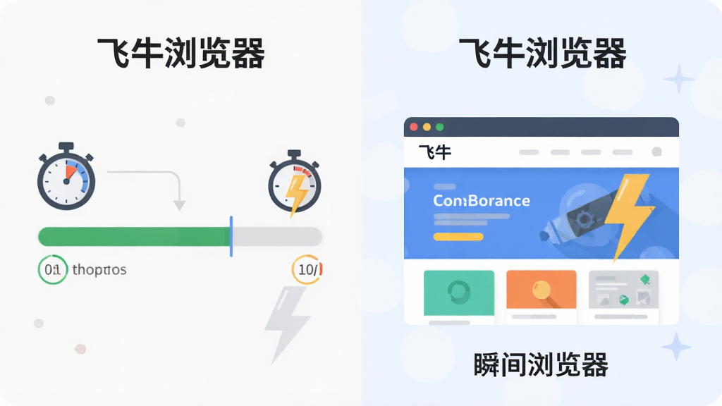 飞牛浏览器启动速度对比示意图,画面左侧是普通浏览器加载进度条,右侧是飞牛浏览器瞬间打开完整页面。布局为左右对比,排版简洁。风格为扁平化信息图,细节上加入秒表图标和闪电符号,画质清晰,干净,无多余元素