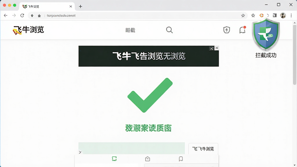 飞牛浏览器无广告浏览界面,画面展示一个干净的网页,没有弹窗和横幅广告,右上角有一个盾牌图标表示拦截成功。布局为全屏网页展示,排版整齐。风格为清爽简约,细节上突出绿色对勾和盾牌,画质清晰,干净,无多余元素