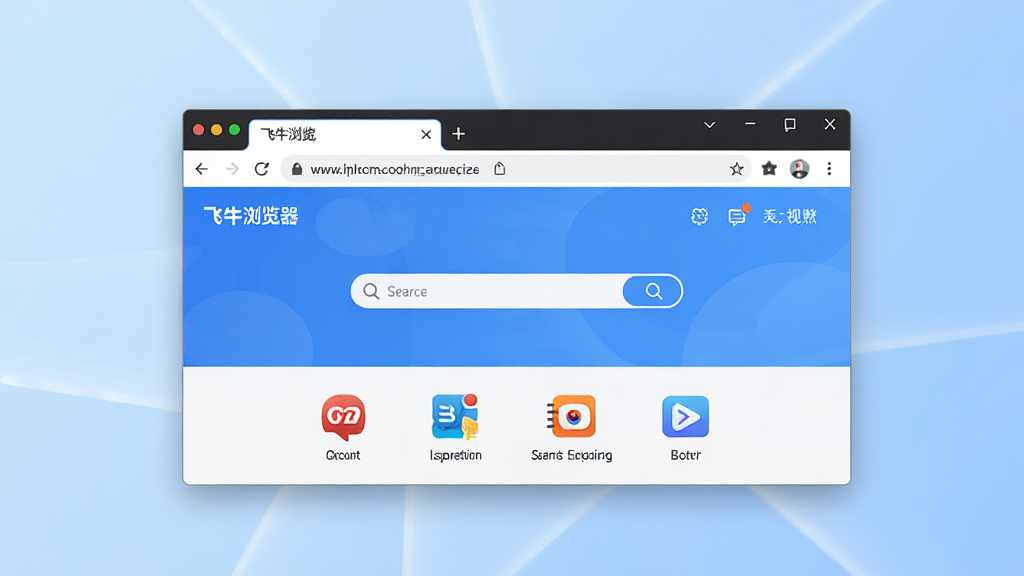 飞牛浏览器软件主界面展示,画面中央是浏览器窗口,顶部标签栏和地址栏清晰可见,窗口内显示一个简洁的导航主页,包含搜索框和常用网站图标。布局为居中展示,背景是浅蓝色渐变桌面。风格为现代科技感,细节上突出浏览器图标和界面按钮,画质清晰,干净,无多余元素