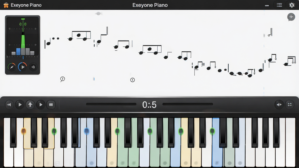 һ��չʾ Exeyone Piano ��Ŀ��ϰģʽ��ͼƬ�����������������������ٲ�����������̸�����ʾ������Ϊ�ϰ����������䡢�°������̣��Ű�Ϊ��ϰģʽ���棬���Ϊ�ִ���ѧ�����磬ϸ�ڰ�����������塢�ٶ���ֵ�������ټ������ʸ��壬����ɾ����޶���Ԫ��