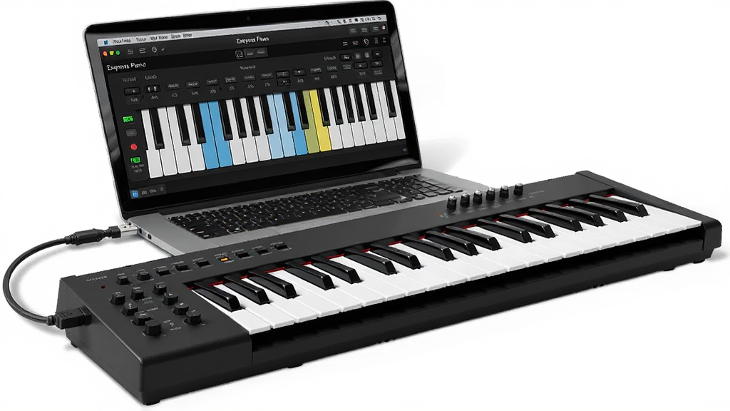 һ��չʾ Exeyone Piano ����MIDI���̵�ͼƬ��������һ̨MIDI����ͨ��USB�����ӱʼǱ����ԣ���Ļ����ʾ Exeyone Piano �������棬����Ϊ���泡�����Ű���Ȼ�����Ϊ��ʵ��Ʒ��Ӱ�У�ϸ�ڰ����ټ��������ߡ���Ļ�ϵ�������̸��������ʸ��壬����ɾ����޶���Ԫ��