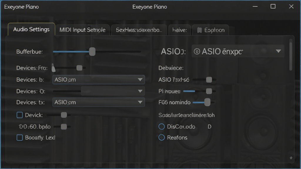 һ��չʾ Exeyone Piano ��������ͼƬ�������������е���Ƶ������MIDI����ѡ����棬����Ϊ���ھ��У��Ű�Ϊѡ�ʽ�����Ϊרҵ��Ƶ��������ҳ��ϸ�ڰ������������顢�豸�����˵���ASIOѡ����ʸ��壬����ɾ����޶���Ԫ��
