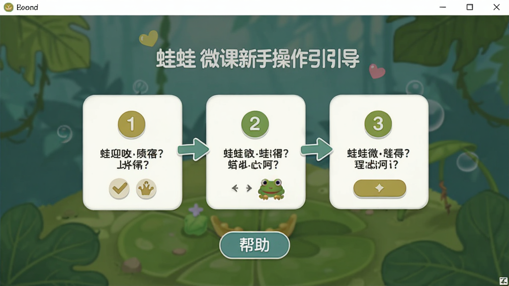 蛙蛙微课新手操作引导界面截图,画面展示软件启动后的欢迎页面和分步操作提示,布局为居中卡片式构图,风格为友好引导风,细节上包含步骤序号、箭头指引和帮助按钮,画质清晰,画面干净,无多余元素