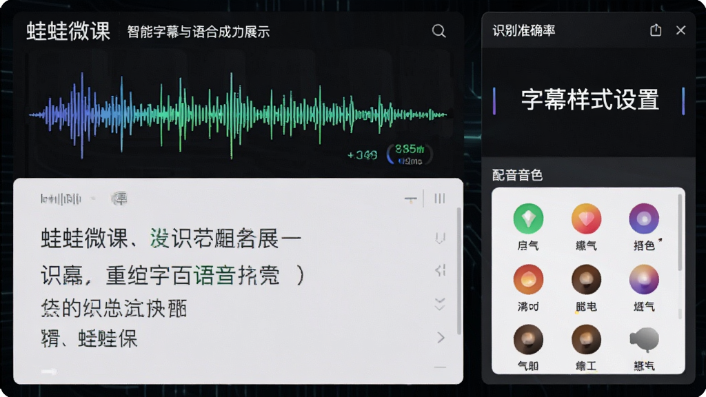 蛙蛙微课智能字幕与语音合成功能展示图,画面左侧是语音波形和文字识别结果,右侧是字幕样式设置面板和配音音色选择列表,布局为左右分栏构图,风格为智能科技风,细节上包含识别准确率标识和多音色图标,画质清晰,画面干净,无多余元素