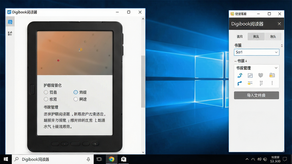 一张展示Digibook阅读器在Windows电脑上使用技巧的图片,主体是软件界面与设置面板同时打开的画面,布局为左右分栏,排版上软件名称