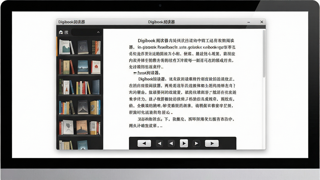 一张展示Digibook阅读器软件界面的图片,主体是电脑屏幕上打开的电子书阅读窗口,布局为居中展示,排版上软件名称