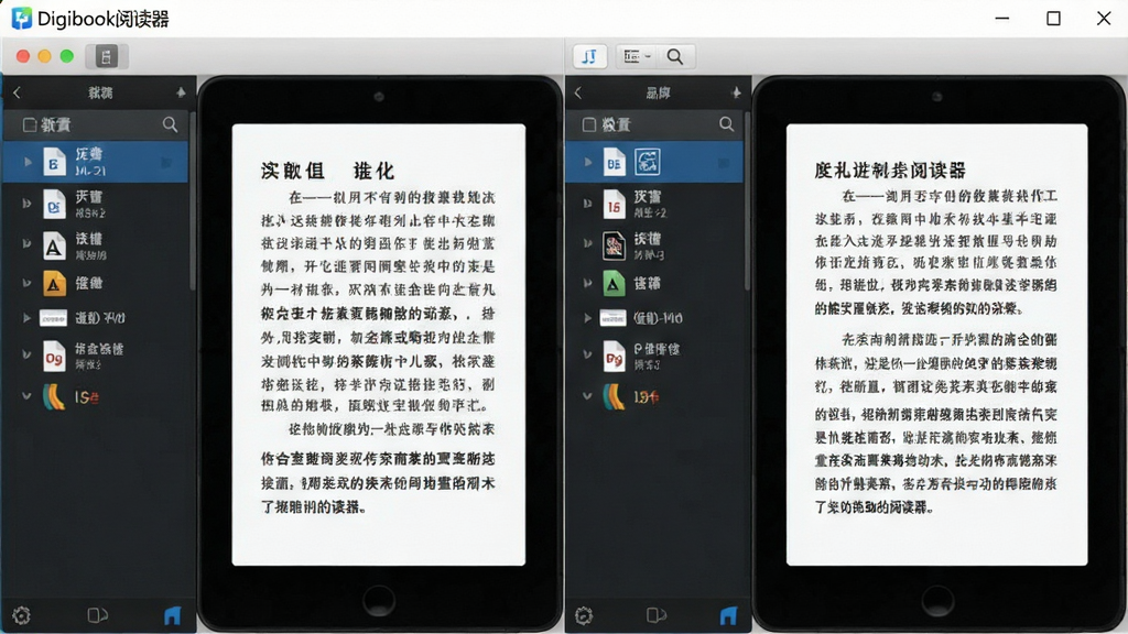 一张展示Digibook阅读器多格式兼容功能的图片,主体是软件界面中同时打开多个不同格式电子书文件的场景,布局为左右分栏展示,排版上软件名称