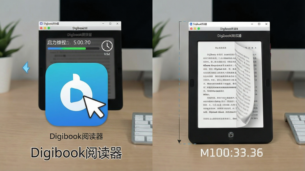 一张展示Digibook阅读器快速启动特性的图片,主体是电脑桌面上Digibook阅读器图标双击后瞬间打开阅读窗口的对比画面,布局为左右对比式,排版上软件名称