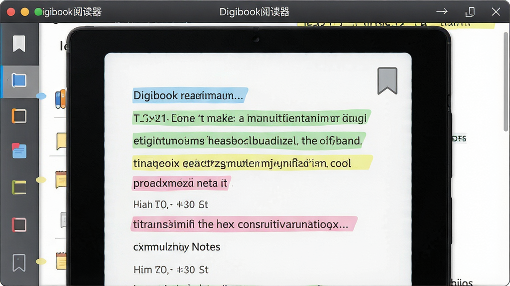 一张展示Digibook阅读器书签与笔记功能的图片,主体是软件阅读界面中带有高亮标注和书签图标的页面,布局为居中展示,排版上软件名称