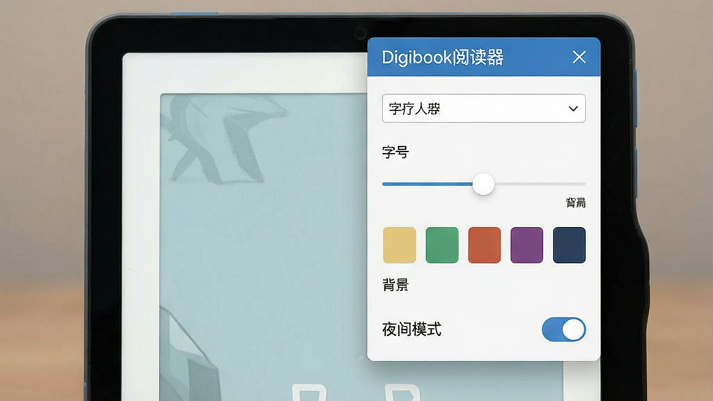 一张展示Digibook阅读器个性化设置界面的图片,主体是软件中的阅读设置面板,布局为右侧弹出式面板,排版上软件名称
