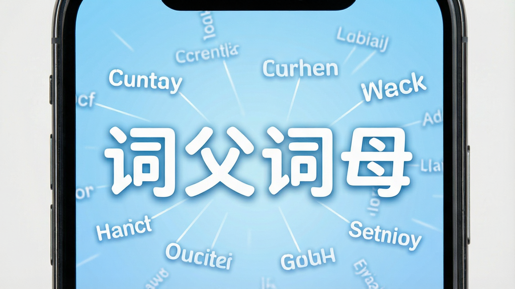 一张手机屏幕的正面特写,屏幕中央显示“词父词母”四个大字,字体圆润清晰,背景是浅蓝色的渐变,周围有漂浮的英文单词和连接线,风格简洁明快,画质干净,无多余元素