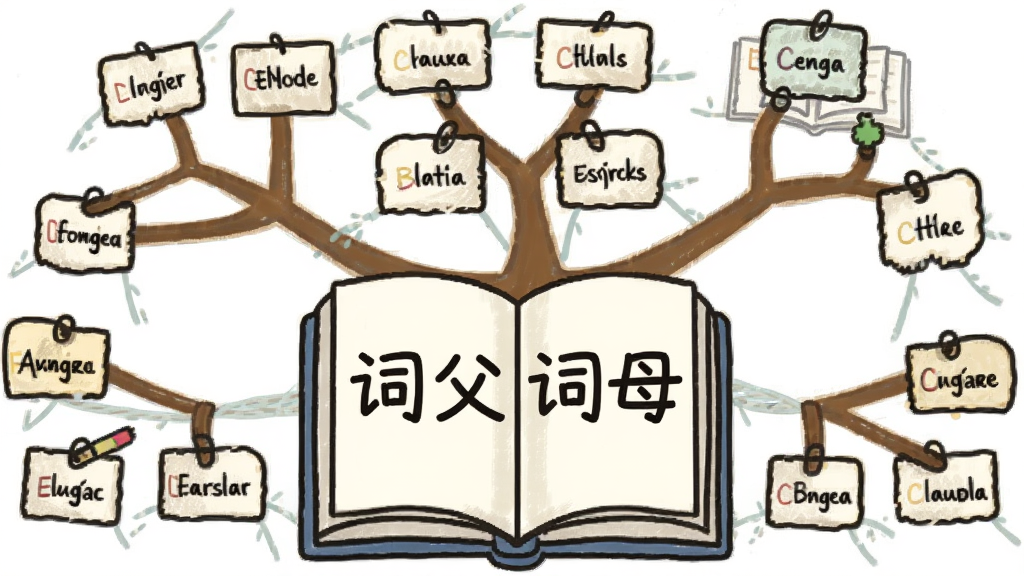 一张学习场景的插画,画面中央是一本打开的书,书页上写着“词父词母”,周围有树状图结构,树枝上挂着英文单词卡片,风格清新,画质干净,无多余元素