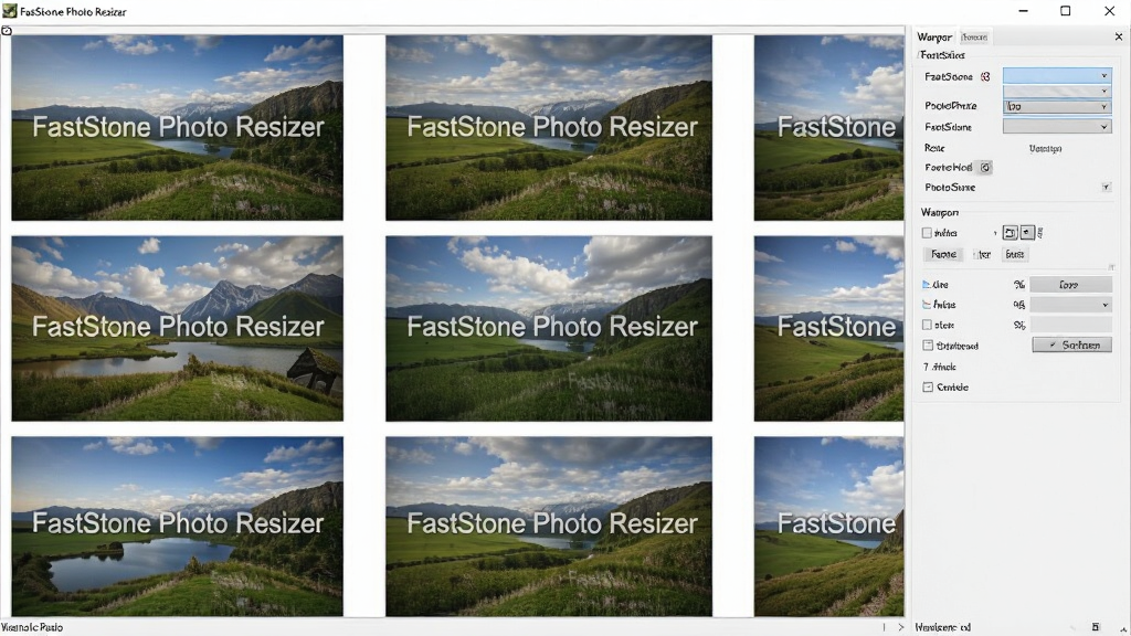 一张展示FastStone Photo Resizer添加水印功能的AI生图,画面中多张风景照片被批量添加了半透明的文字水印,水印内容为