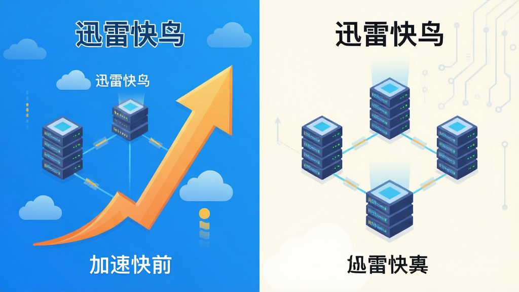 一张展示迅雷快鸟智能提速概念的图片,主体为上升的网速箭头与服务器节点连接图,布局采用左右对比形式,排版突出加速前后的速度差异,风格为扁平化科技插画,细节包括“迅雷快鸟”文字标识,画质清晰,干净,无多余元素