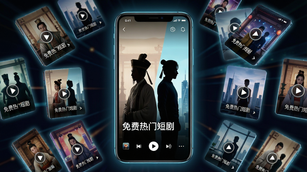 画面中央是一部智能手机,手机屏幕上显示着短剧播放界面,界面中呈现古装与现代都市两个人物剪影,手机周围环绕着多个悬浮的短剧封面缩略图,布局采用中心对称式构图,排版上手机位于正中央,四周封面错落有致,风格为现代科技感与娱乐氛围结合,细节上手机边缘带有微光效果,封面缩略图带有播放按钮图标,画质高清,画面干净,无多余元素,图片中文字标注“免费热门短剧”