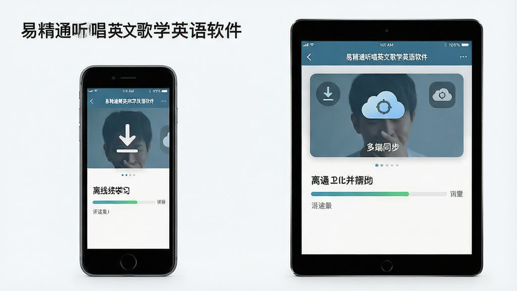 一幅展示易精通听唱英文歌学英语软件离线学习与多端同步功能的界面图,主体为一部手机和一台平板电脑并排展示,两部设备屏幕上都显示相同的学习进度页面,布局为左右对比构图,风格为现代简约科技风,细节包括离线下载箭头图标、云端同步图标、进度条,画面中显示软件名称