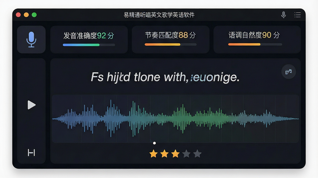 一幅展示易精通听唱英文歌学英语软件跟唱评分功能的界面图,主体为软件界面截图风格,画面中央显示一句英文歌词和对应的音波对比图,上方有