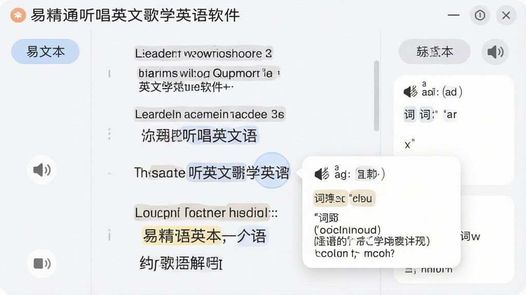 一幅展示易精通听唱英文歌学英语软件歌词翻译与词汇解析功能的界面图,主体为软件界面截图风格,画面中央显示英文歌词和中文翻译对照排列,其中一个单词被点击后弹出释义卡片,卡片上显示音标、词性和例句,布局为左右分栏排版,风格为柔和圆角浅色系UI,细节包括单词本按钮、发音喇叭图标、高亮标注,画面中显示软件名称
