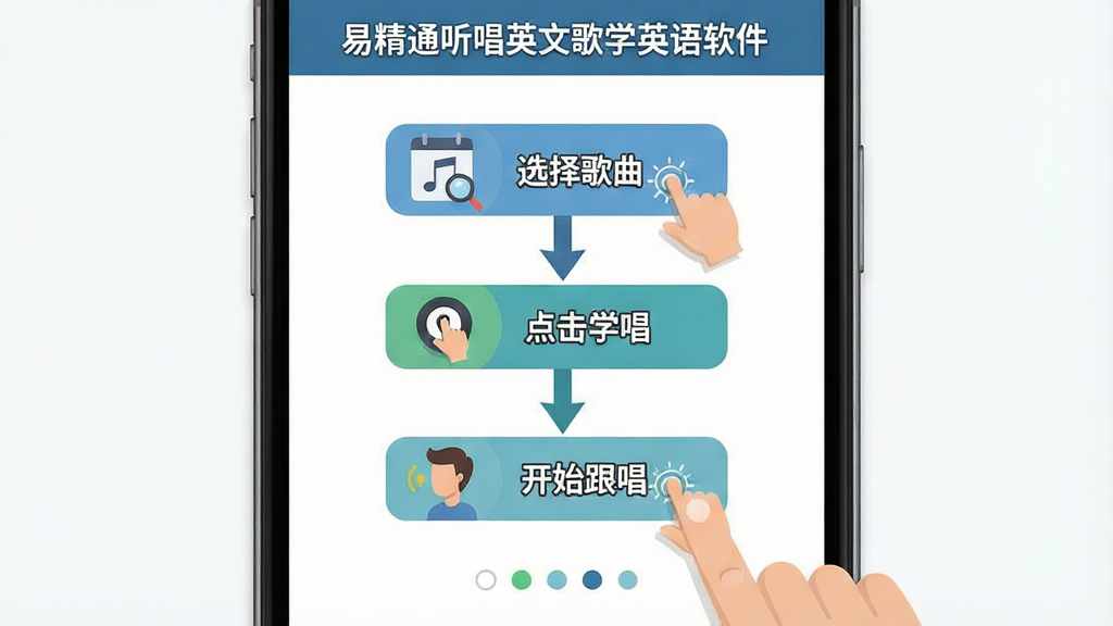 一幅展示易精通听唱英文歌学英语软件新手操作引导页面的场景图,主体为手机屏幕特写,屏幕上显示分步操作指引,第一步
